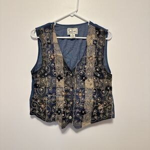 Tantrums Womens Vintage Denim Vest Bohemian Artsy Embroidered Art To Wear Sz M